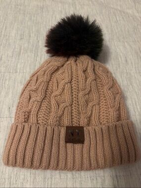 NY New York Cable Knit/Fleece Lined Pom Beanie - Blush Pink Hat